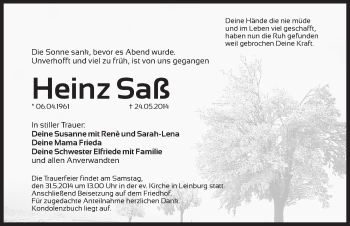 Traueranzeige von Heinz Sass von Pegnitz-Zeitung